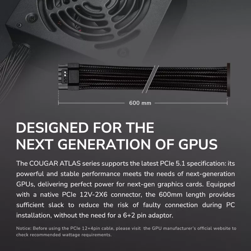 Toiteplokk Cougar ATLAS 650W ATX3.1 80 PLUS Bronze, 24-kontaktiline ATX, 120 mm ventilaator, must