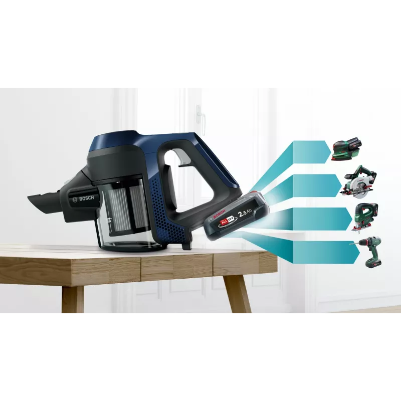Bosch Serie 6 BBS611PCK pulkpuhasti/elektriline luud 2-in-1 pulkpuhasti Aku Kuiv Hügieenifilter Kotita Sinine 2.5 Ah