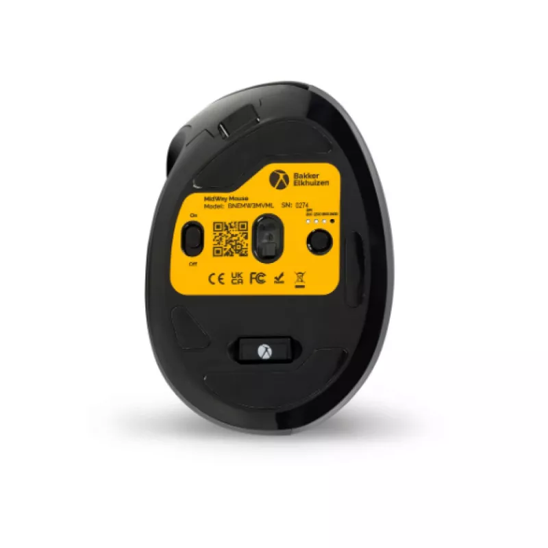 BakkerElkhuizen MidWay hiir vasakukäeline, vasakukäeline, vertikaalne disain, optiline, RF juhtmevaba + Bluetooth + USB USB-C, 2400 DPI, hall, must