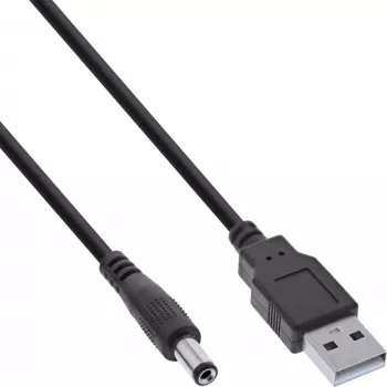 InLine USB alalisvoolu toiteadapteri kaabel, USB A-pistik kuni DC 5,5x2,10 mm pistik, must, 1 m