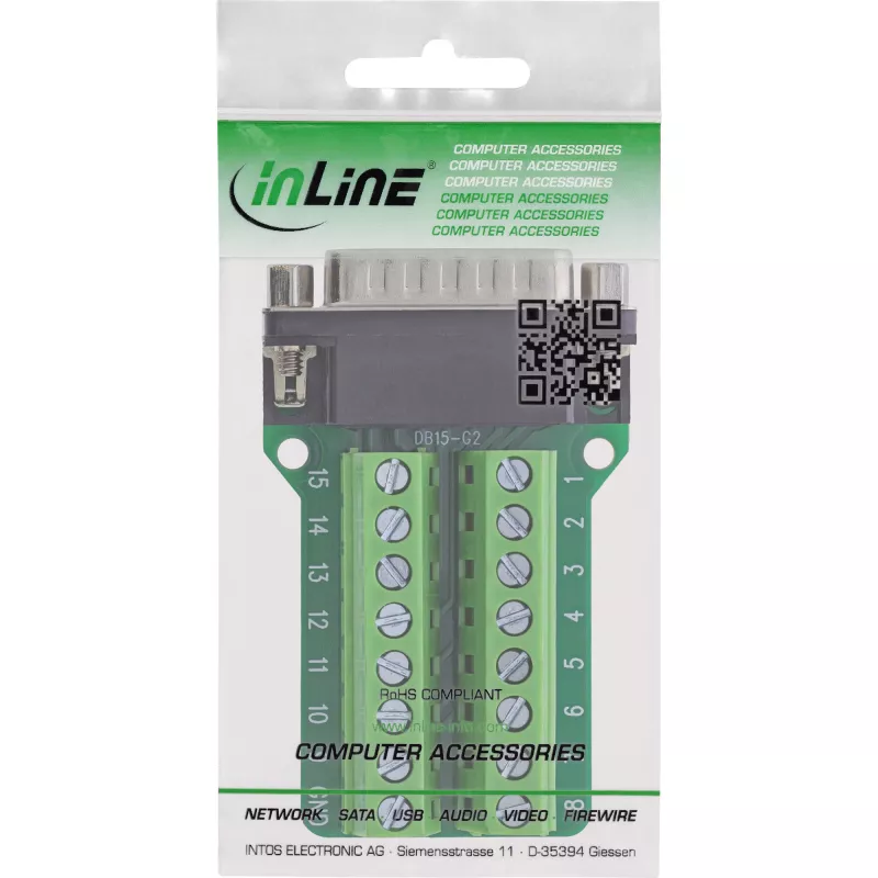 InLine 92502B juhtmepistik Terminaliplokk / D-Sub 15 Must, Roheline