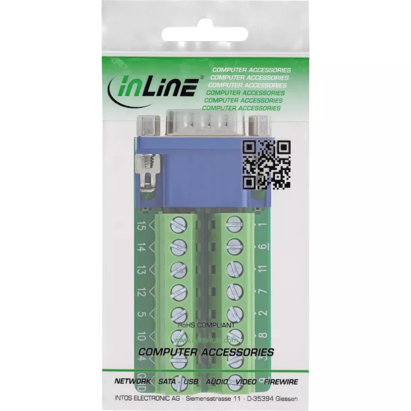 InLine 92503B juhtmepistik Klemmiplokk, VGA (HD15) Sinine, Roheline
