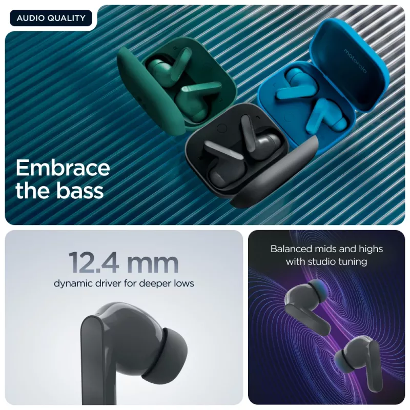 Headset MOTOROLA Moto Buds Bass TWS Bluetooth kõrvasisesed kõrvaklapid kõnede ja muusika jaoks, Must, 51 g