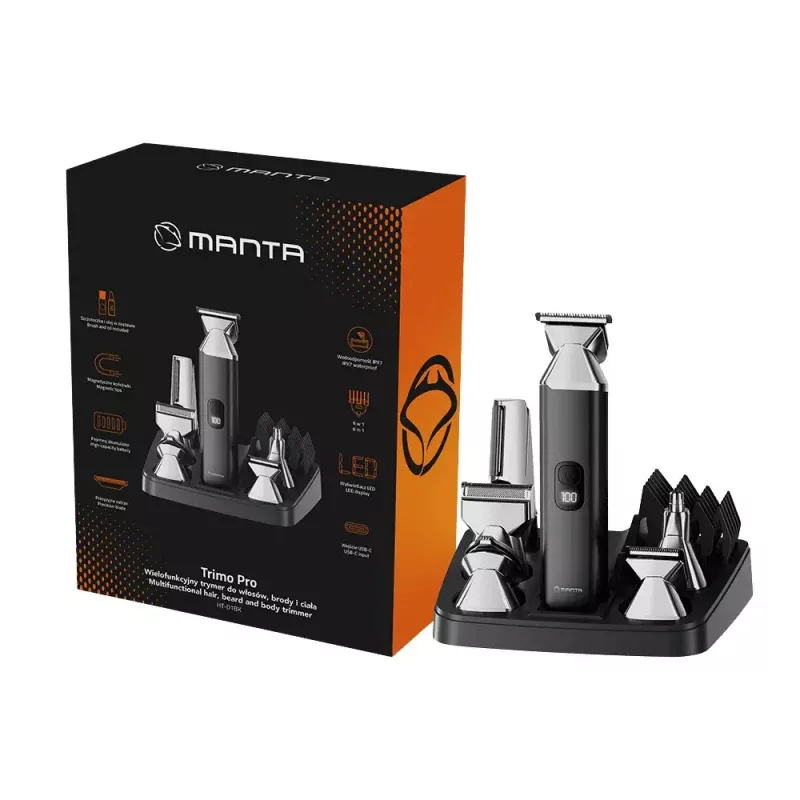 Juhtmeta laetav juuksetrimmer MANTA HT-01BK — USB-C, IPX7 veekindel, 90 min aku, 6 + 4 magnetkinnitust