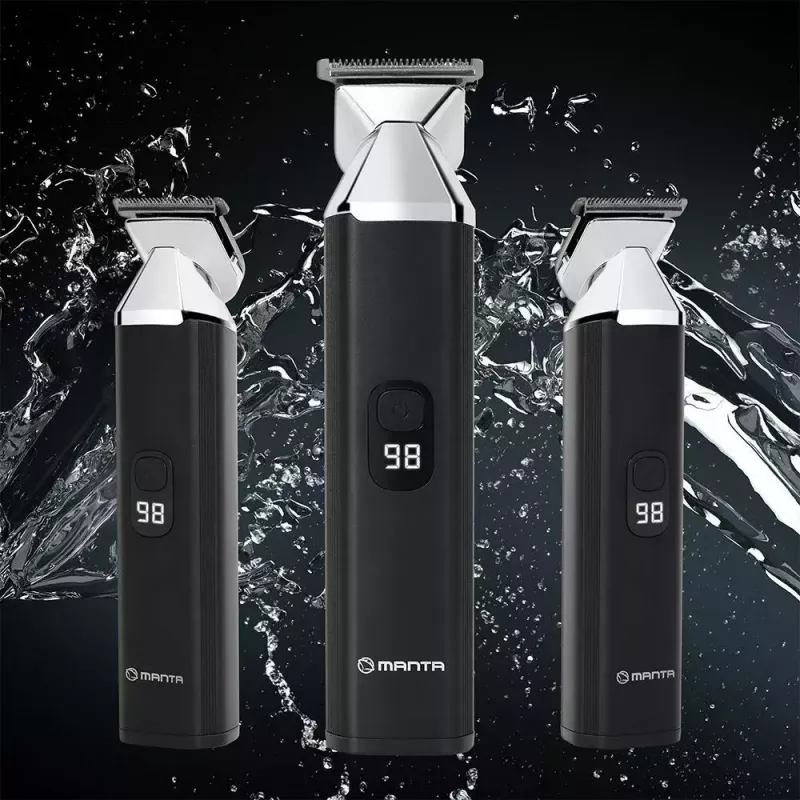 Juhtmeta laetav juuksetrimmer MANTA HT-01BK — USB-C, IPX7 veekindel, 90 min aku, 6 + 4 magnetkinnitust