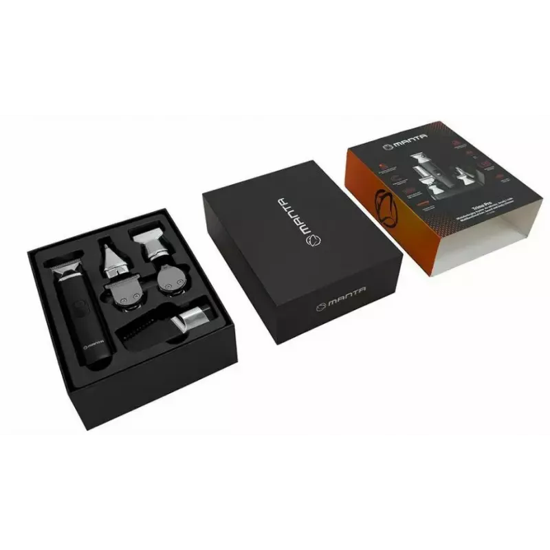 Juhtmeta laetav juuksetrimmer MANTA HT-01BK — USB-C, IPX7 veekindel, 90 min aku, 6 + 4 magnetkinnitust
