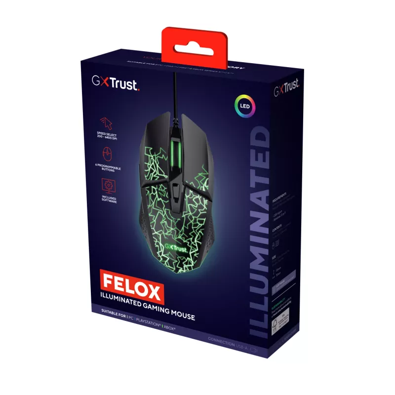 Trust GXT 113 Felox hiir Mängimine Paremakäeline USB Type-A Optiline 6400 DPI
