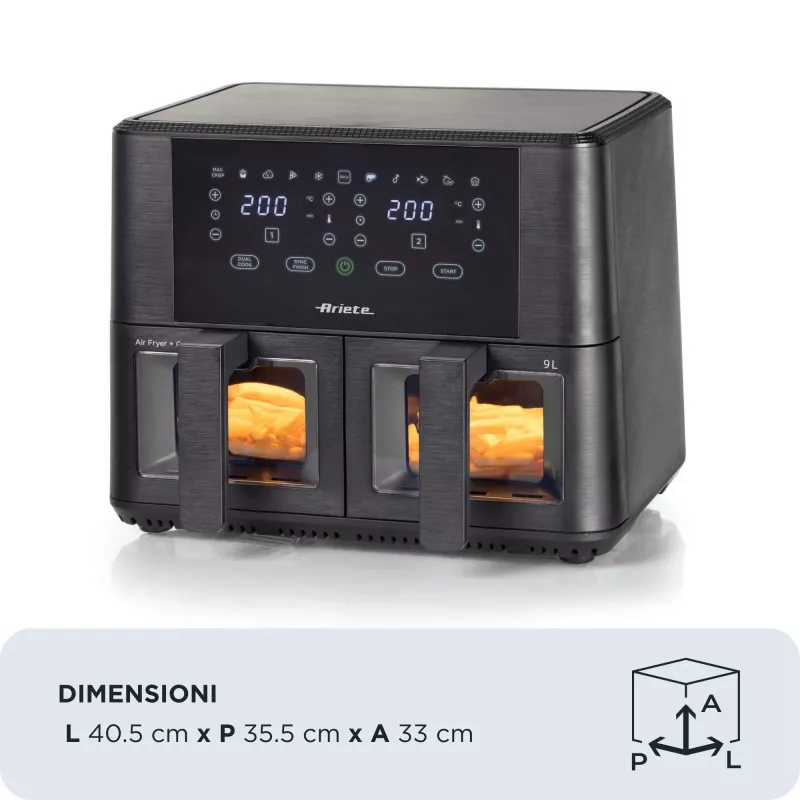 Ariete 4631 Double Air fryer 9L, 2400W, kogumaht 9L, 11 programmi, multifunktsionaalne, kuni 3,6 kg praetud toitu, temperatuur kuni 200°C, kahekordne korv, must