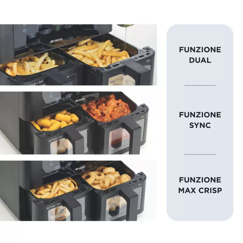 Ariete 4631 Double Air fryer 9L, 2400W, kogumaht 9L, 11 programmi, multifunktsionaalne, kuni 3,6 kg praetud toitu, temperatuur kuni 200°C, kahekordne korv, must