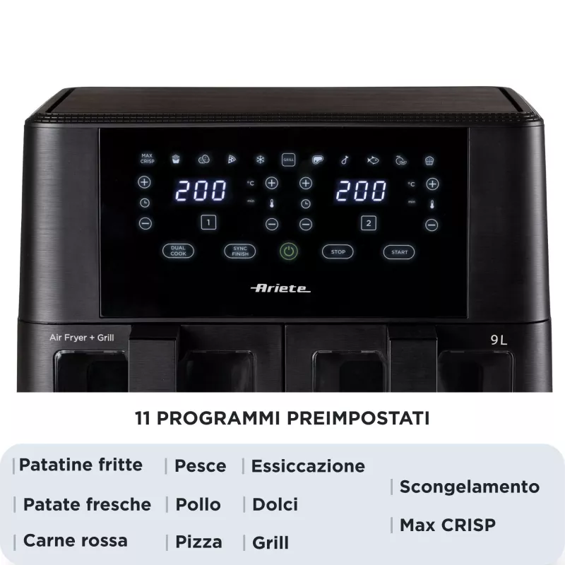 Ariete 4631 Double Air fryer 9L, 2400W, kogumaht 9L, 11 programmi, multifunktsionaalne, kuni 3,6 kg praetud toitu, temperatuur kuni 200°C, kahekordne korv, must
