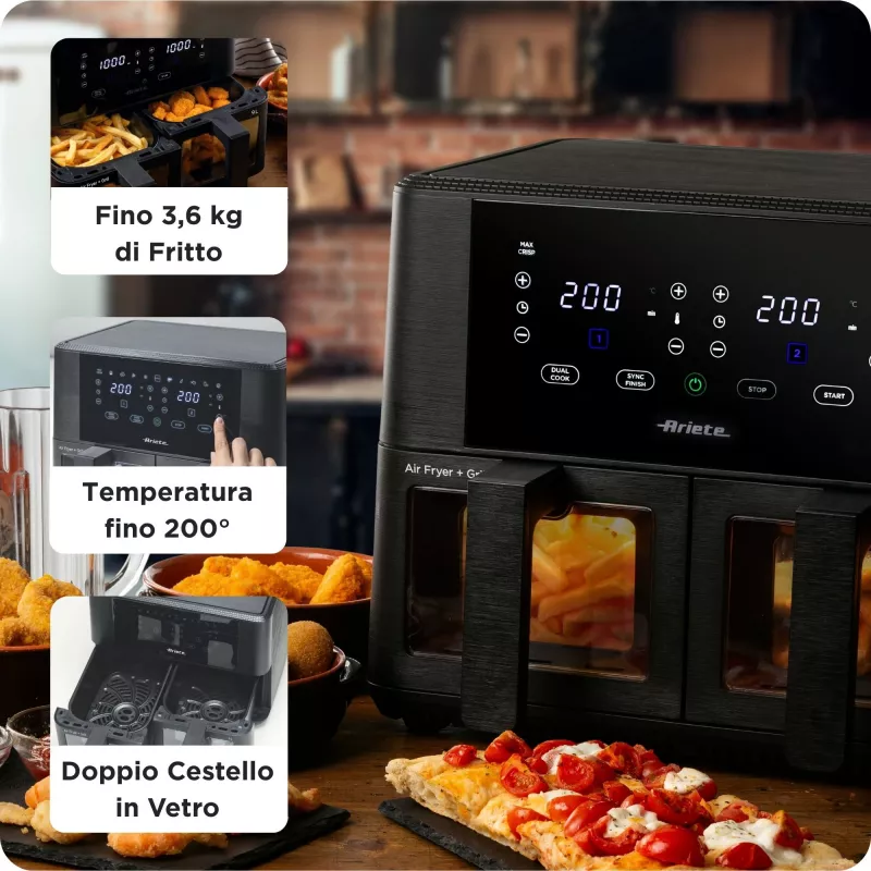 Ariete 4631 Double Air fryer 9L, 2400W, kogumaht 9L, 11 programmi, multifunktsionaalne, kuni 3,6 kg praetud toitu, temperatuur kuni 200°C, kahekordne korv, must