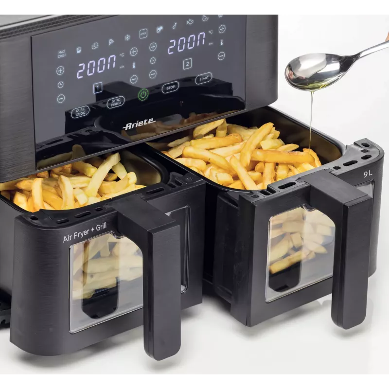 Ariete 4631 Double Air fryer 9L, 2400W, kogumaht 9L, 11 programmi, multifunktsionaalne, kuni 3,6 kg praetud toitu, temperatuur kuni 200°C, kahekordne korv, must