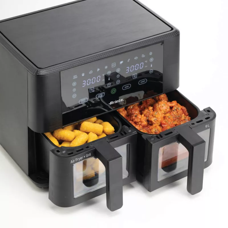 Ariete 4631 Double Air fryer 9L, 2400W, kogumaht 9L, 11 programmi, multifunktsionaalne, kuni 3,6 kg praetud toitu, temperatuur kuni 200°C, kahekordne korv, must