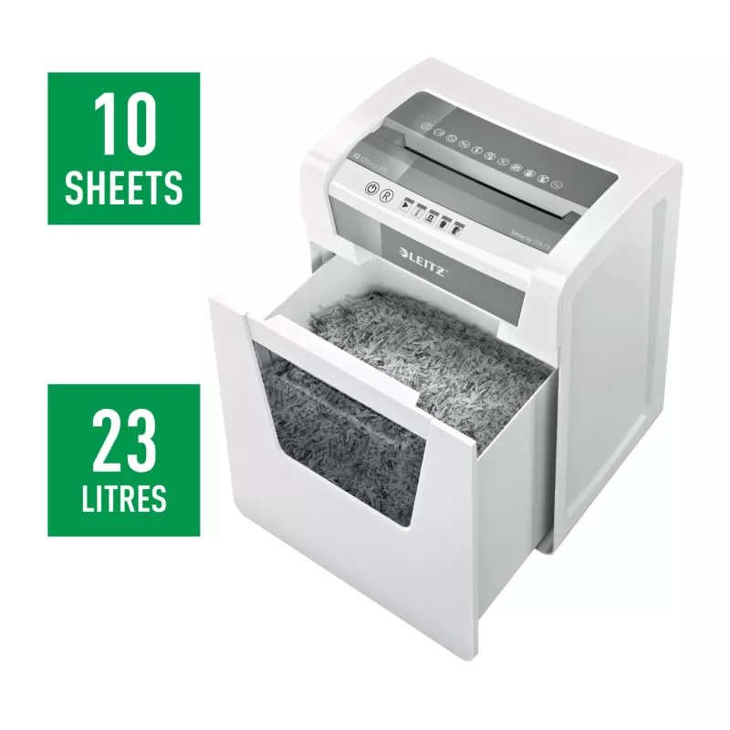 Leitz IQ kontori paberipurustaja turvalisusega P5, mikro-lõikur, 22,3 cm, 2 x 15 mm, 23 L, 250 lehte, 55 dB
