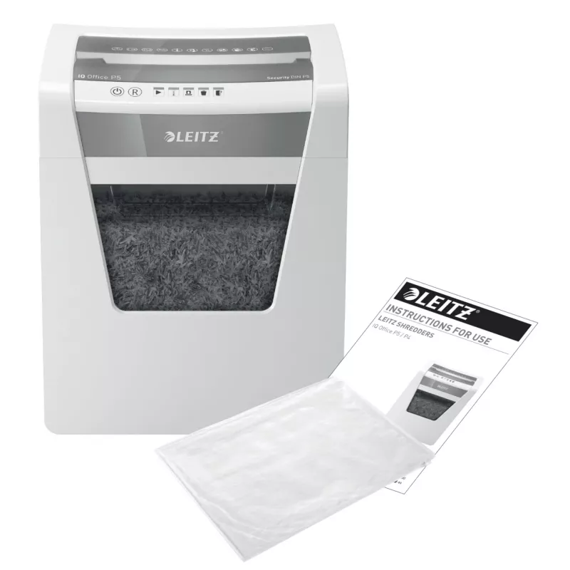 Leitz IQ kontori paberipurustaja turvalisusega P5, mikro-lõikur, 22,3 cm, 2 x 15 mm, 23 L, 250 lehte, 55 dB