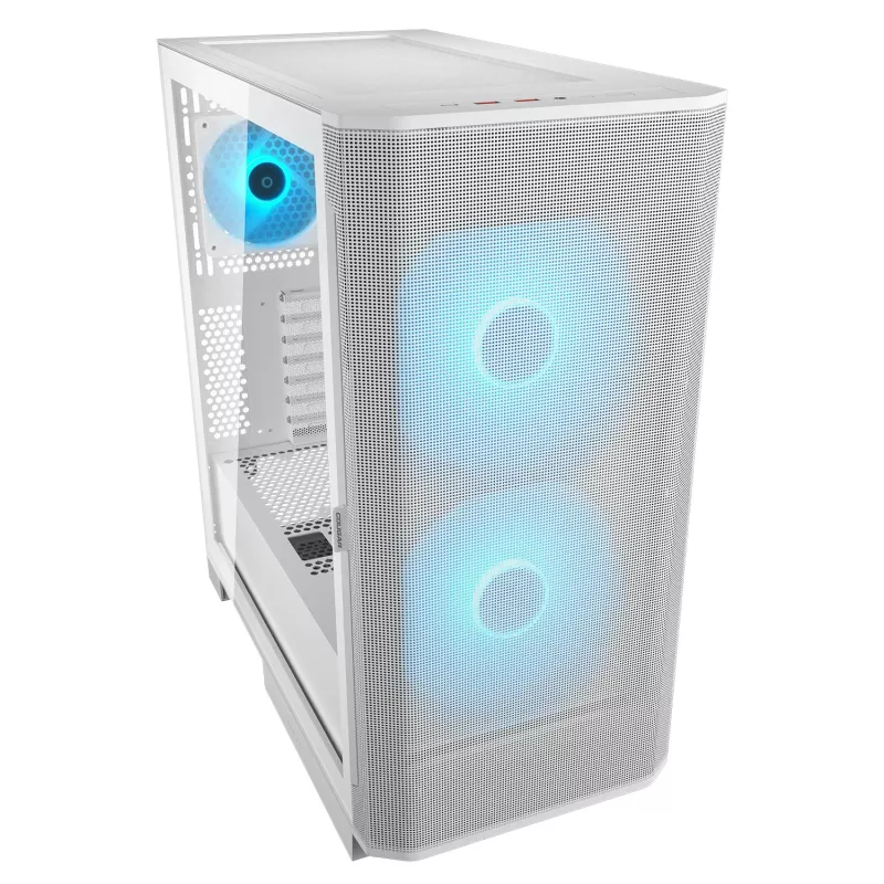 COUGAR PC Midi Tower Case Airface FLO ARGB Valge — 2x180mm ees, 1x120mm taga, toetab 2,5 tolli/3,5 tolli HDD, 240×480×509 mm