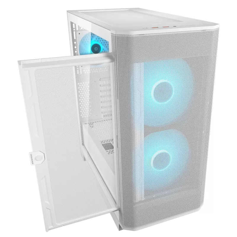 COUGAR PC Midi Tower Case Airface FLO ARGB Valge — 2x180mm ees, 1x120mm taga, toetab 2,5 tolli/3,5 tolli HDD, 240×480×509 mm