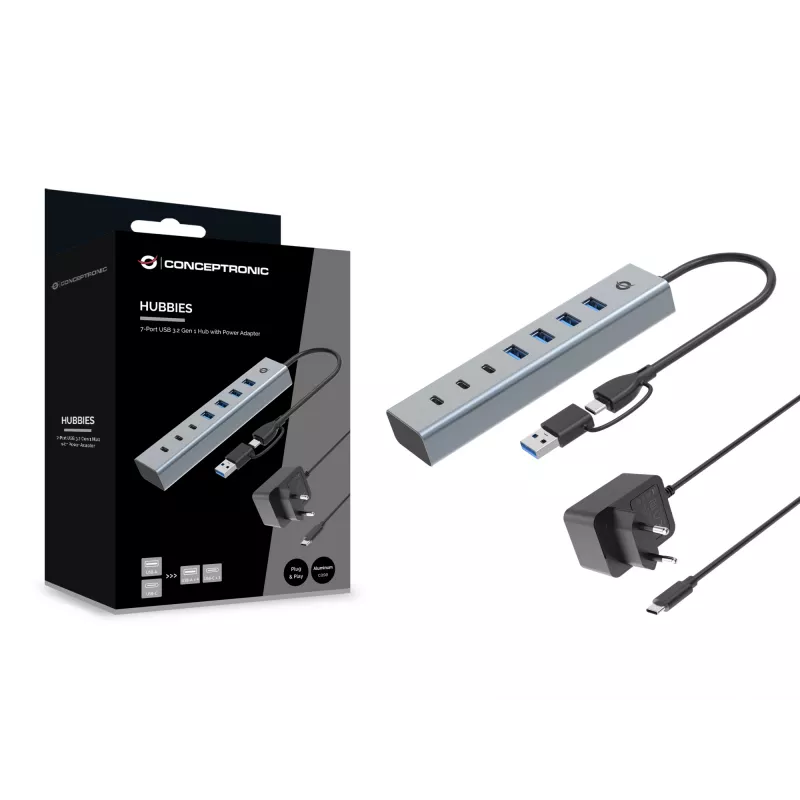 Conceptronic HUBBIES20GP 7-pordiline USB 3.0 jaotur toiteadapteriga, 5 Gbps, USB-C x 3, USB-A x 4