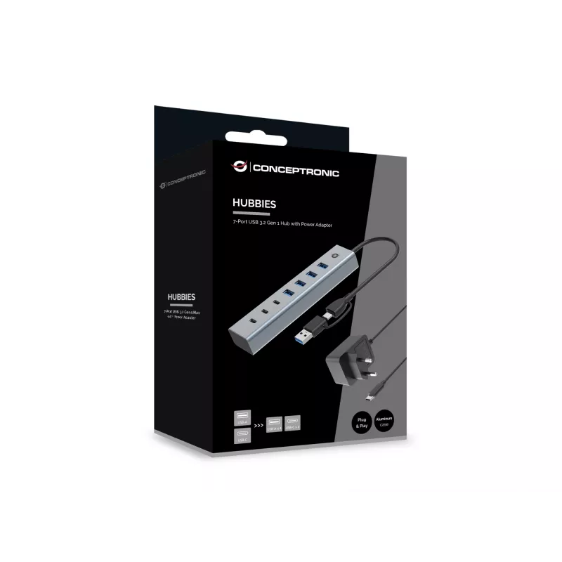 Conceptronic HUBBIES20GP 7-pordiline USB 3.0 jaotur toiteadapteriga, 5 Gbps, USB-C x 3, USB-A x 4