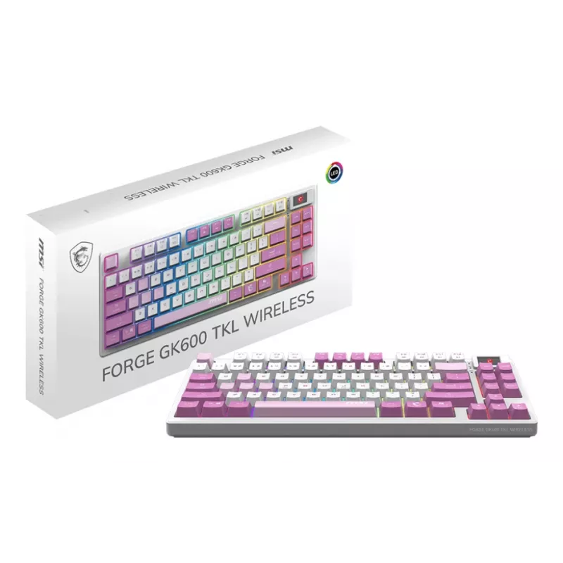 MSI FORGE GK600 TKL WIRELESS VIOLET klaviatuur Mängimine USB + Bluetooth QWERTY Hispaania Roosa, Violetne, Valge