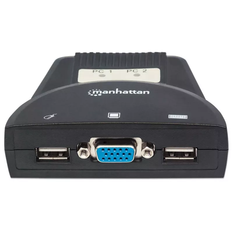 Manhattan KVM-lüliti Mini 2-pordiline, 2x USB-A, kaablid kaasas, helitugi, juhtige 2 arvutit ühe arvuti/hiire/kuvariga, must, eluaegne garantii, karbis