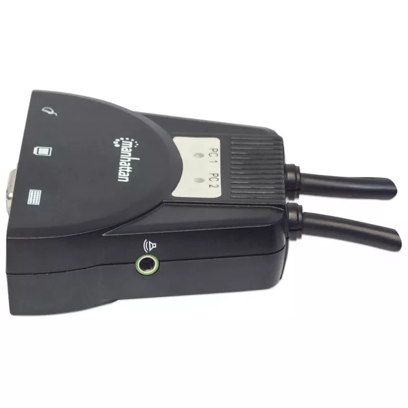 Manhattan KVM-lüliti Mini 2-pordiline, 2x USB-A, kaablid kaasas, helitugi, juhtige 2 arvutit ühe arvuti/hiire/kuvariga, must, eluaegne garantii, karbis