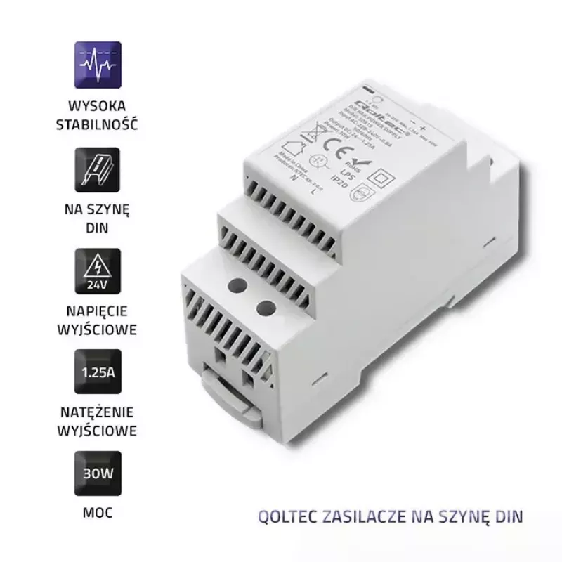 DIN-liistu toiteplokk QOLTEC 30W 24V 1.25A hall