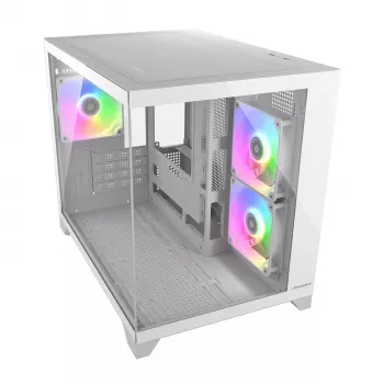 Mini Tower PC Case Cougar FV150 ARGB Valge — Micro-ATX / Mini-ITX, külgaken, 2x120mm + 1x120mm ventilaatorid, 2.5 tolli ja 3.5 tolli pesad