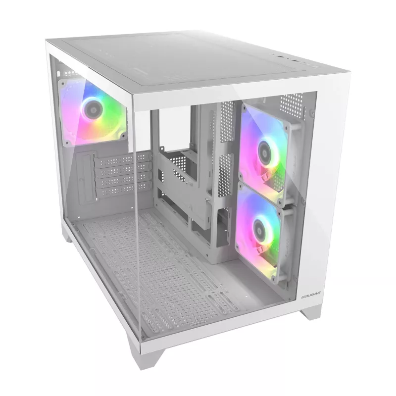 Mini Tower PC Case Cougar FV150 ARGB Valge — Micro-ATX / Mini-ITX, külgaken, 2x120mm + 1x120mm ventilaatorid, 2.5 tolli ja 3.5 tolli pesad