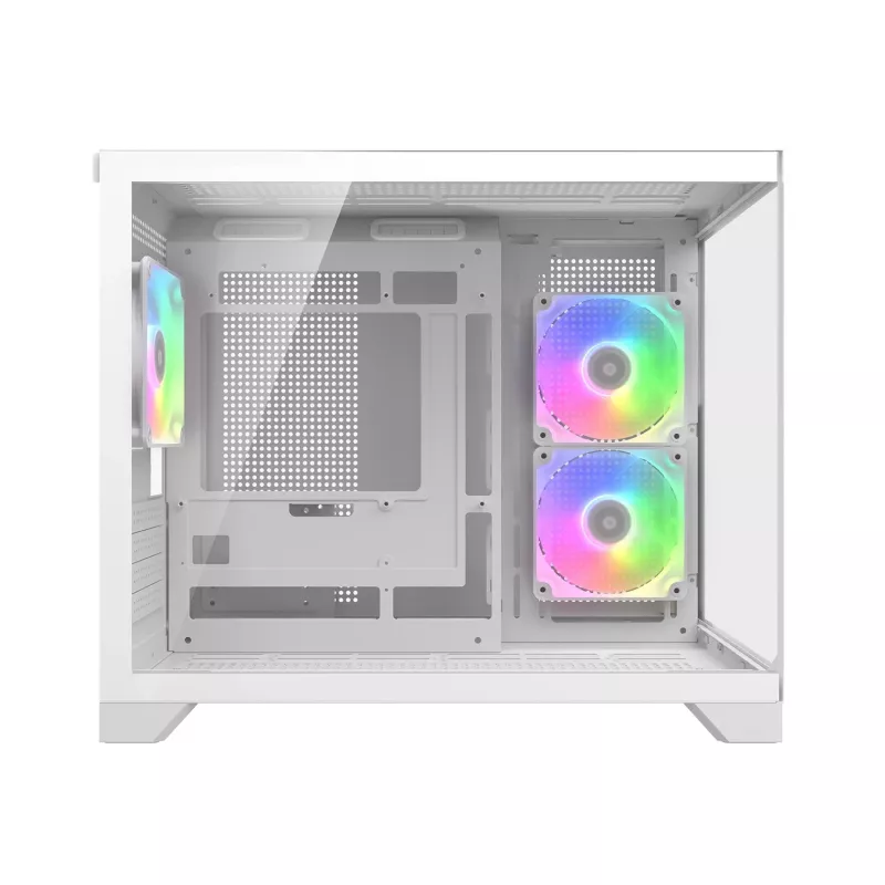 Mini Tower PC Case Cougar FV150 ARGB Valge — Micro-ATX / Mini-ITX, külgaken, 2x120mm + 1x120mm ventilaatorid, 2.5 tolli ja 3.5 tolli pesad