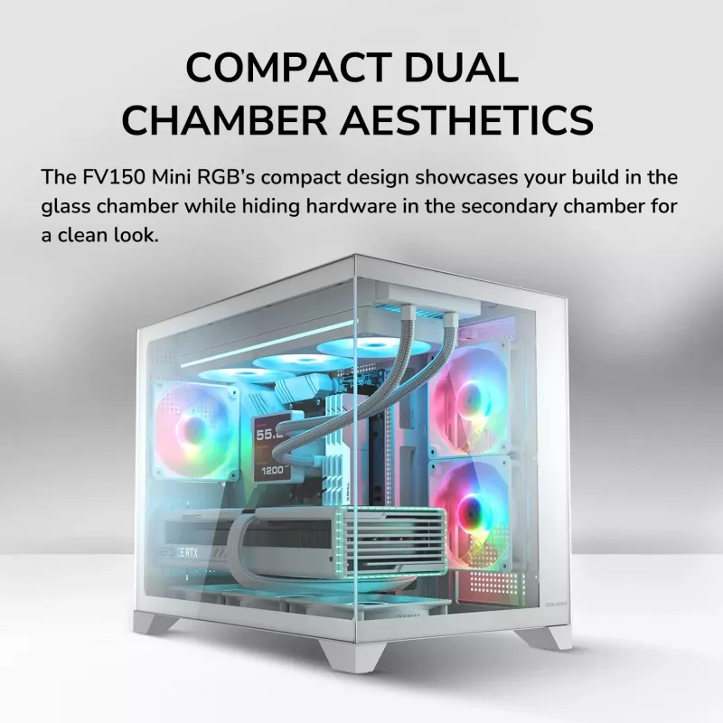 Mini Tower PC Case Cougar FV150 ARGB Valge — Micro-ATX / Mini-ITX, külgaken, 2x120mm + 1x120mm ventilaatorid, 2.5 tolli ja 3.5 tolli pesad