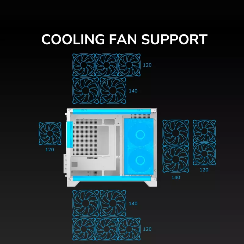Mini Tower PC Case Cougar FV150 ARGB Valge — Micro-ATX / Mini-ITX, külgaken, 2x120mm + 1x120mm ventilaatorid, 2.5 tolli ja 3.5 tolli pesad