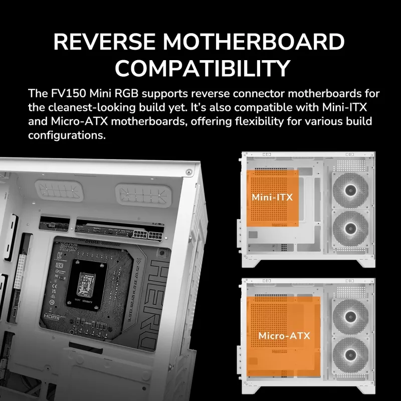 Mini Tower PC Case Cougar FV150 ARGB Valge — Micro-ATX / Mini-ITX, külgaken, 2x120mm + 1x120mm ventilaatorid, 2.5 tolli ja 3.5 tolli pesad