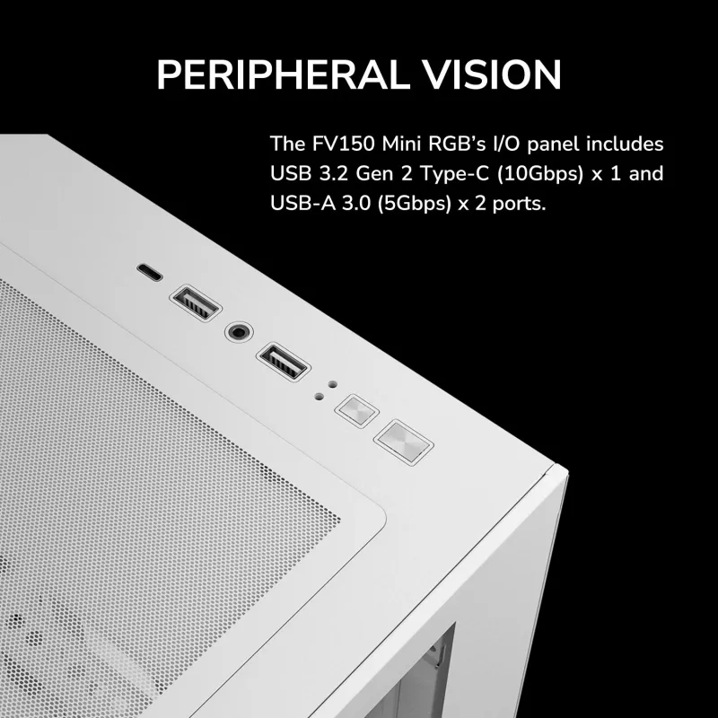 Mini Tower PC Case Cougar FV150 ARGB Valge — Micro-ATX / Mini-ITX, külgaken, 2x120mm + 1x120mm ventilaatorid, 2.5 tolli ja 3.5 tolli pesad