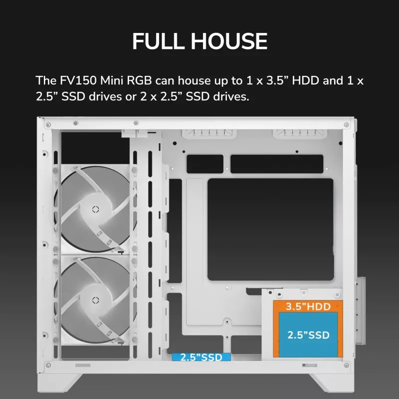 Mini Tower PC Case Cougar FV150 ARGB Valge — Micro-ATX / Mini-ITX, külgaken, 2x120mm + 1x120mm ventilaatorid, 2.5 tolli ja 3.5 tolli pesad