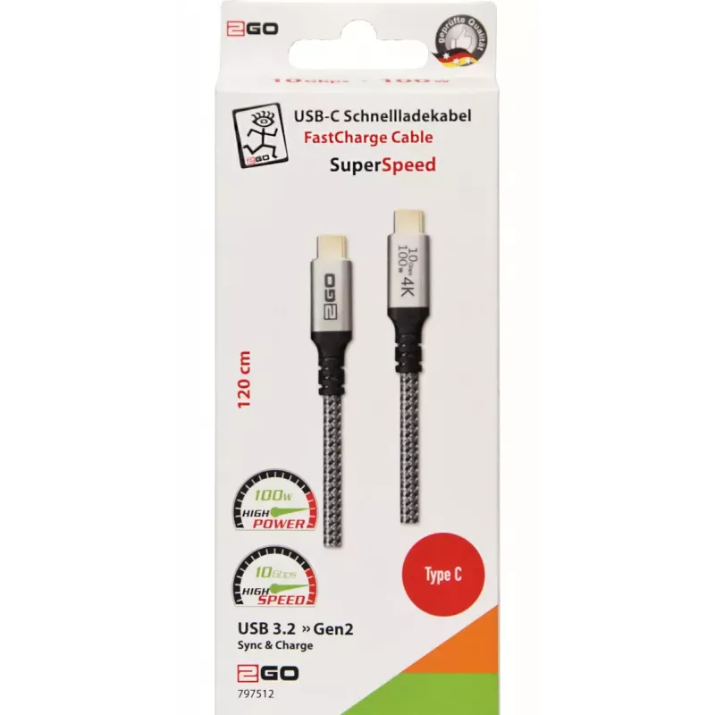 USB-kaabel 2GO 797512 USB 3.2 Gen 2 1,2 m USB C Must Hõbedane
