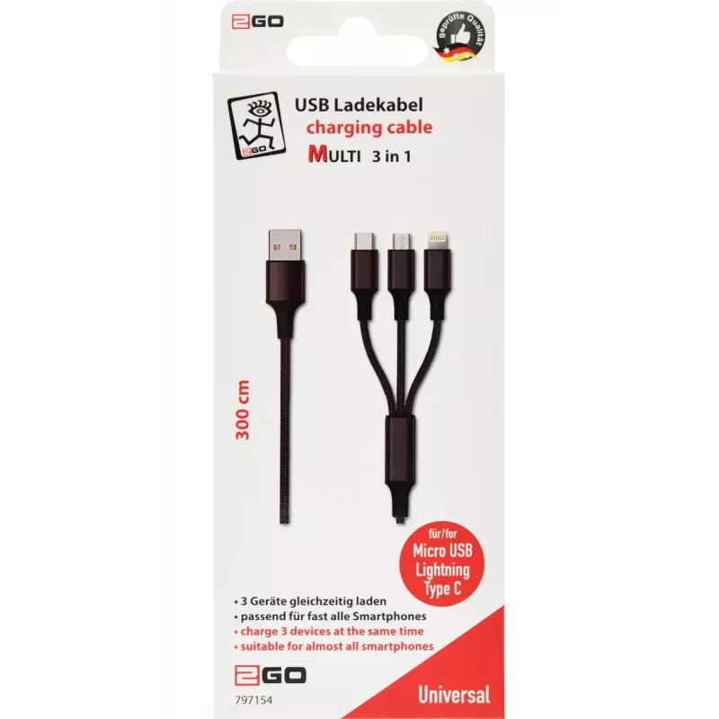 USB-kaabel 2GO 797154 3m USB B USB C/Micro-USB B/Lightning Must