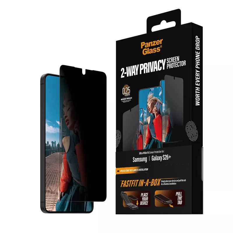 Ekraanikaitse PanzerGlass 2-Way Privacy Samsung New Galaxy S 2026 Plus'ile — ülilai PET-kile FASTFIT paigaldusega