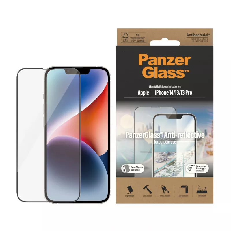 Ekraanikaitse PanzerGlass peegeldusvastane Apple iPhone 14 / 13 / 13 Pro jaoks — karastatud klaas, PET, ülilai liibuvus, EasyAligner