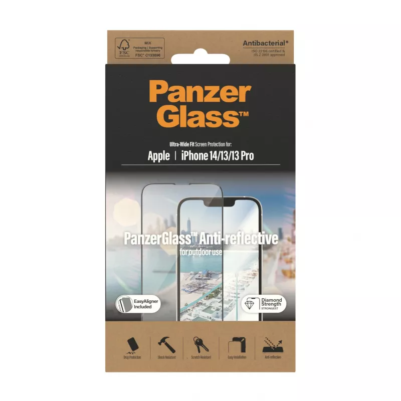 Ekraanikaitse PanzerGlass peegeldusvastane Apple iPhone 14 / 13 / 13 Pro jaoks — karastatud klaas, PET, ülilai liibuvus, EasyAligner
