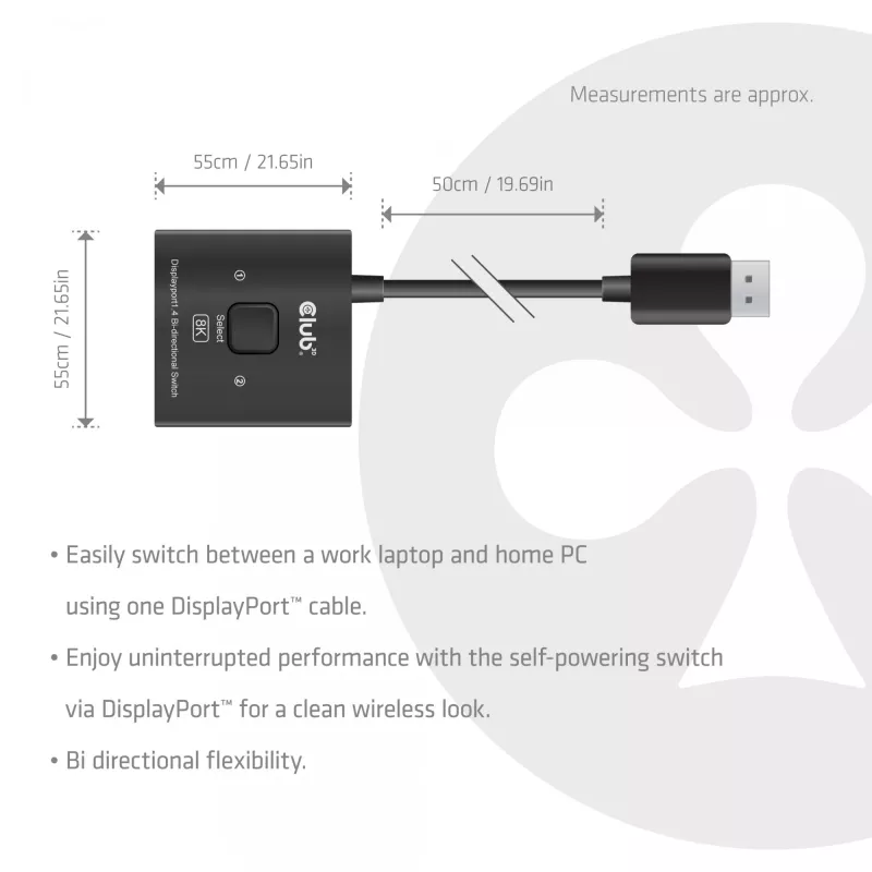 DisplayPort 2‑in‑1 kahesuunaline lüliti CLUB3D CSV-1009 — 2x DisplayPort väljundit, 8K@60Hz, must