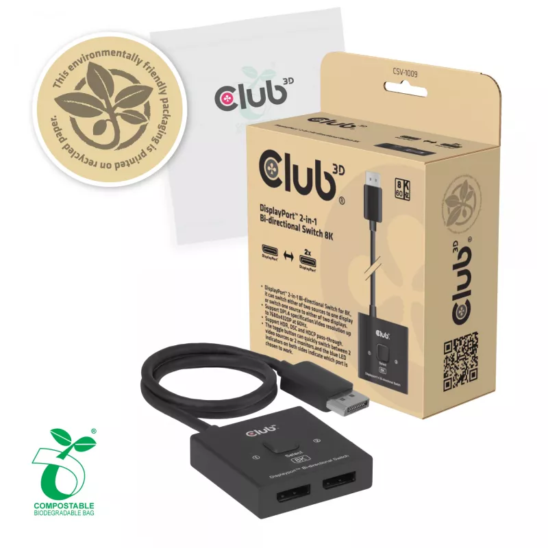 DisplayPort 2‑in‑1 kahesuunaline lüliti CLUB3D CSV-1009 — 2x DisplayPort väljundit, 8K@60Hz, must