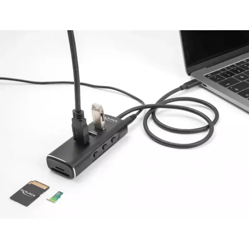 DELOCK 3 pordiga USB-jaotur 10 Gbps, SD- ja Micro SD-kaardilugejaga, USB-C, 60 cm kaabel