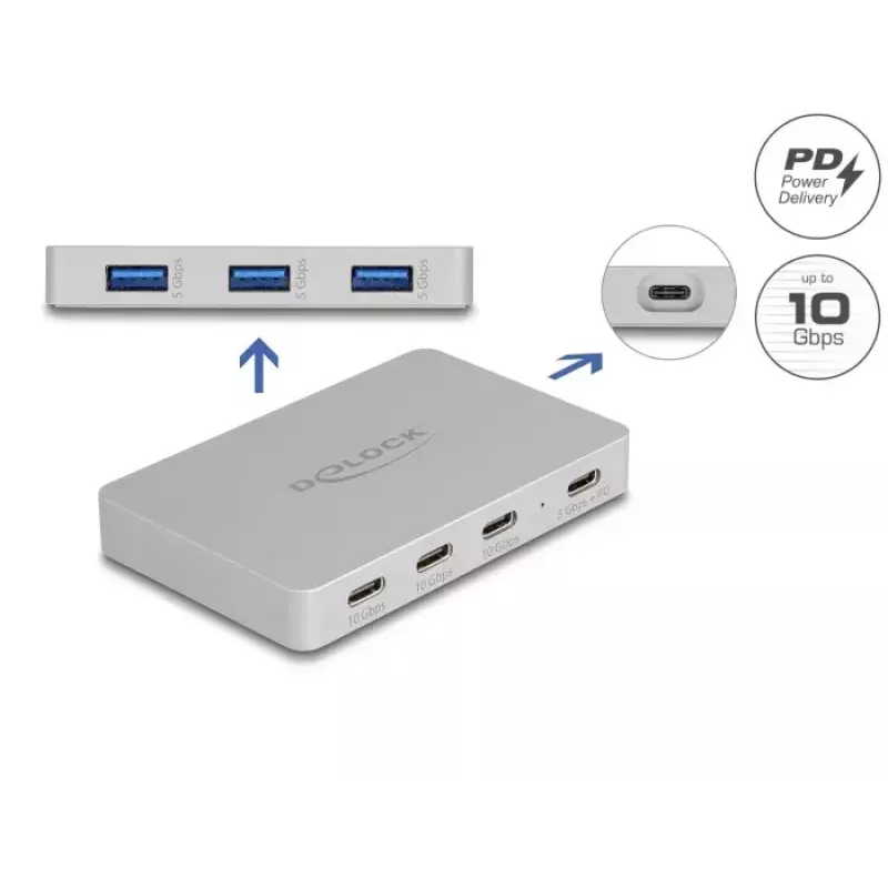 DeLOCK 7 pordiga USB-jaotur 4 × USB USB-C 3 × USB Type-A PD 82W