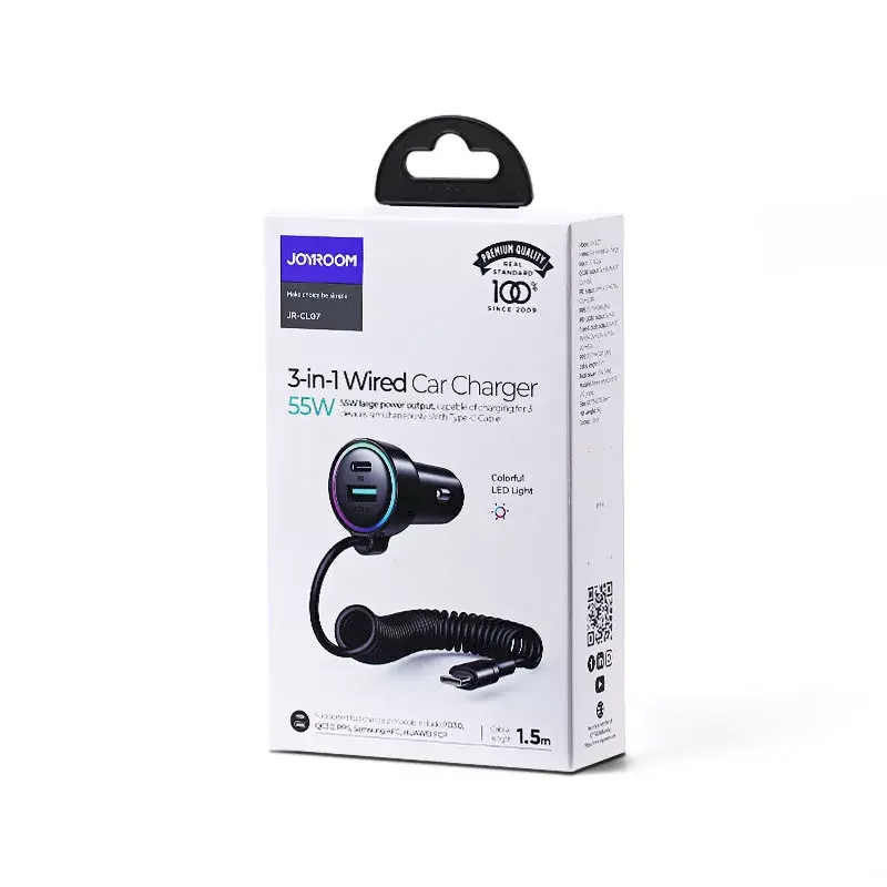 Autolaadija Joyroom JR-CL07 3-in-1 60W sisseehitatud USB-C kaabliga 1,6 m, must