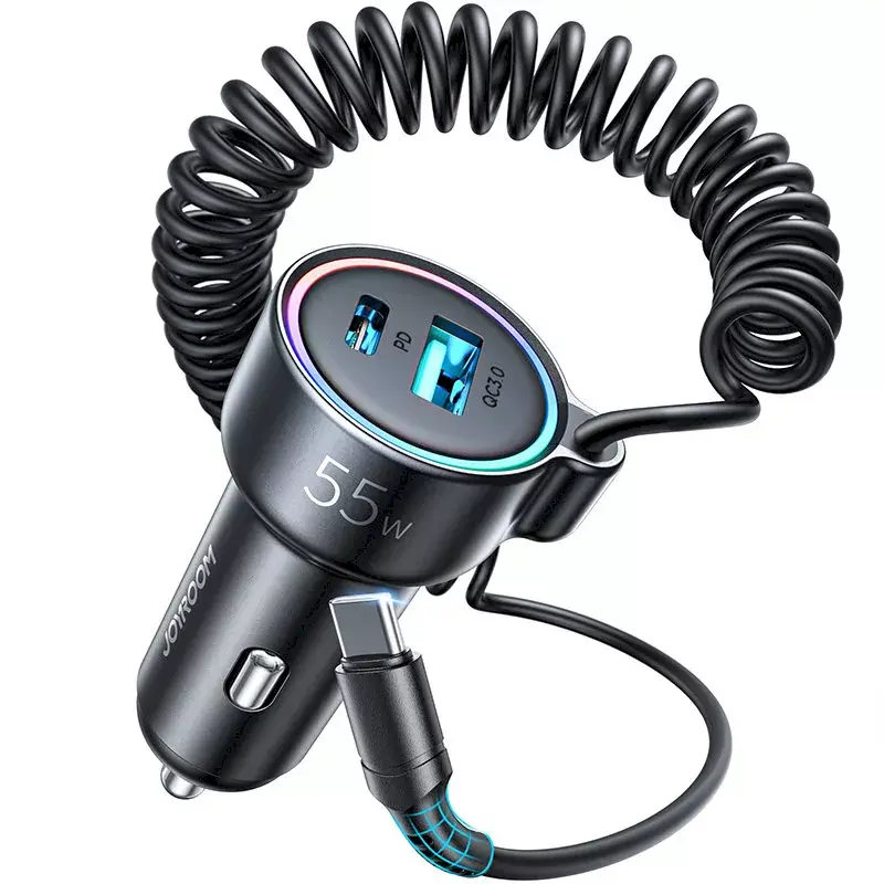 Autolaadija Joyroom JR-CL07 3-in-1 60W sisseehitatud USB-C kaabliga 1,6 m, must