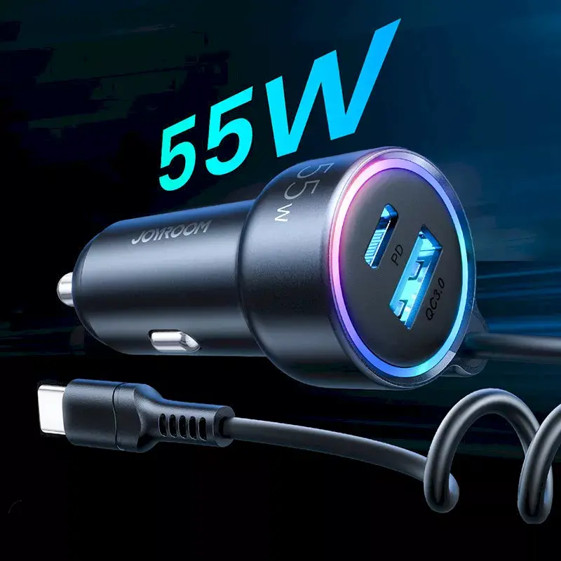 Autolaadija Joyroom JR-CL07 3-in-1 60W sisseehitatud USB-C kaabliga 1,6 m, must