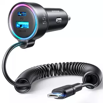 Autolaadija Joyroom JR-CL07 3-in-1 60W sisseehitatud USB-C kaabliga 1,6 m, must