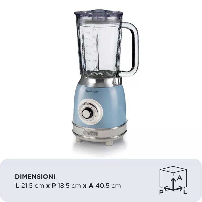 Ariete 583, Vintage Blender 1,5 L klaaskannuga, 4 roostevaba terasest tera, 4 kiirust + impulss, 1000 W, sinine