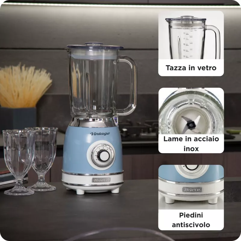 Ariete 583, Vintage Blender 1,5 L klaaskannuga, 4 roostevaba terasest tera, 4 kiirust + impulss, 1000 W, sinine